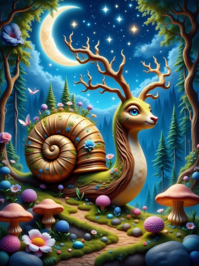 Whimsical Snail with Glass Shell in Pointillism Style