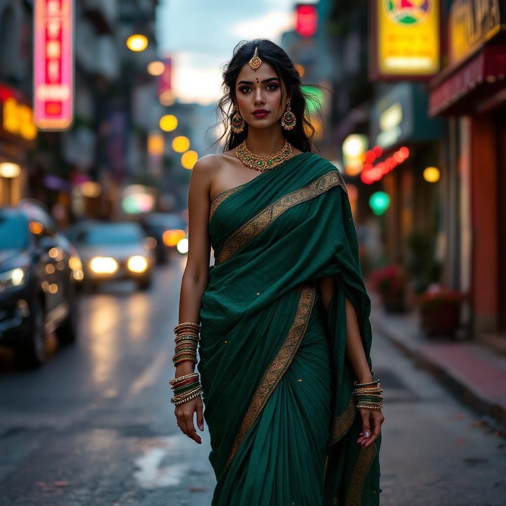 Indian Woman in Emerald Saree at Dusk