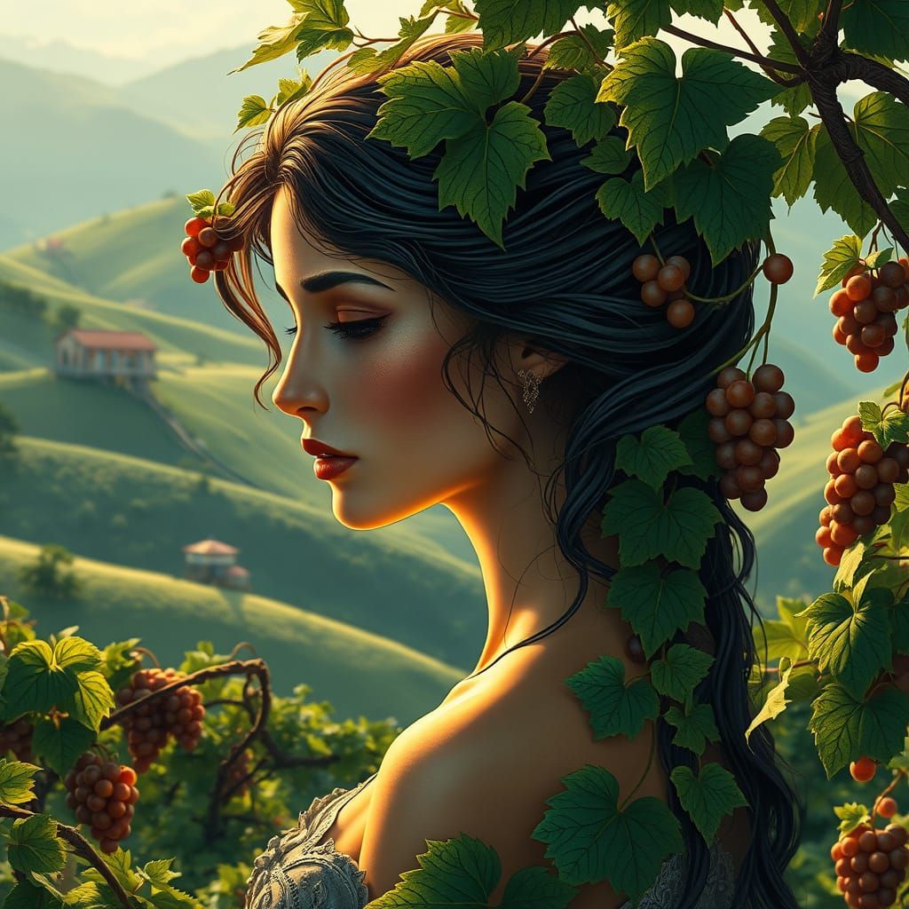 Venetian Goddess Amidst Lush Vineyards in Art Nouveau Style