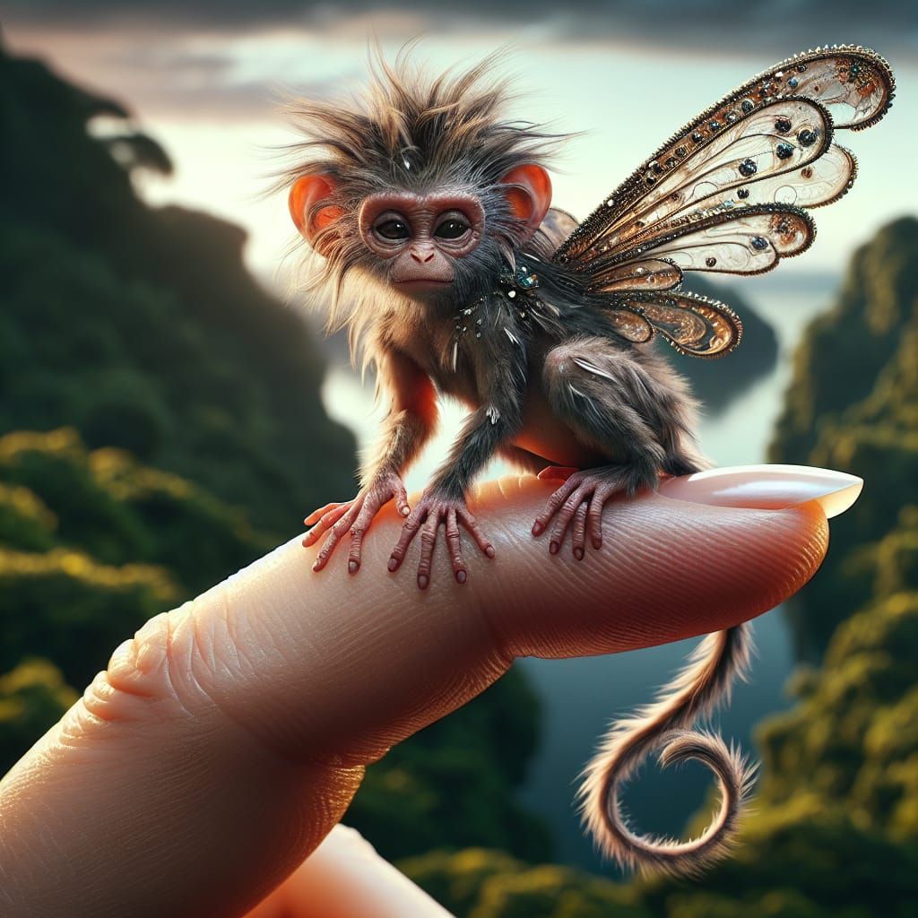 Monkey Fairy on Fingertip: Ultra-Realistic Micro Photograph