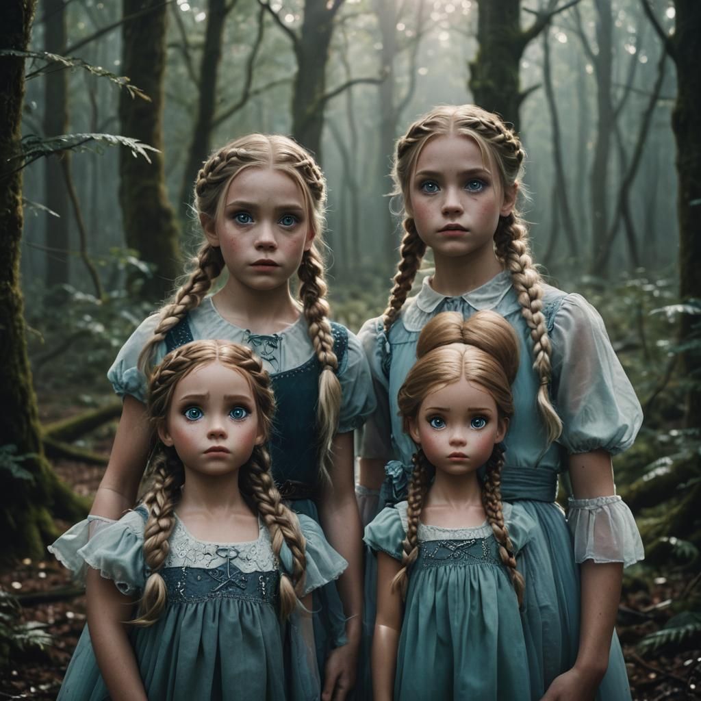 Twin Girls with Elsa Braids in Mystical Forest