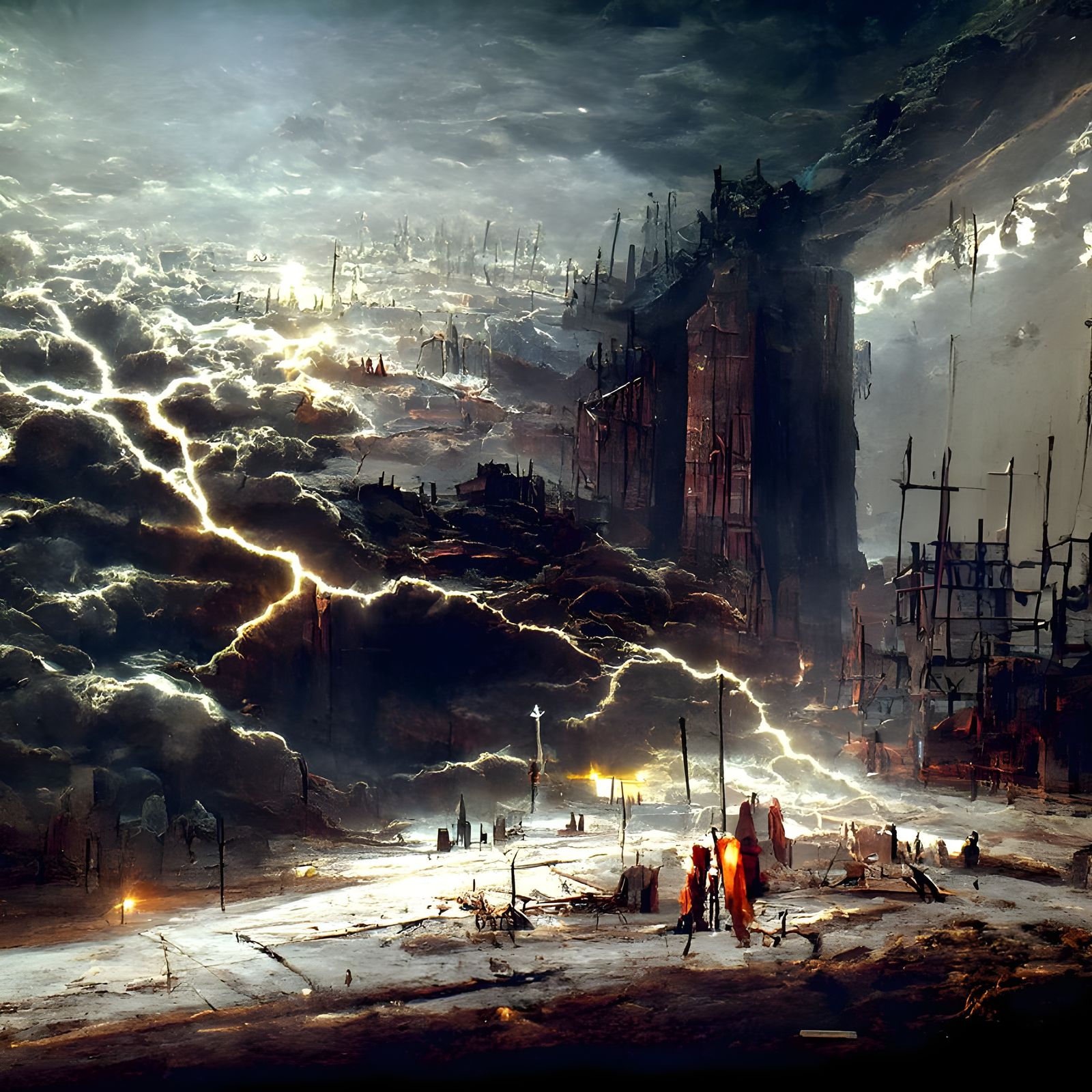 Apocalyptic Lightning Storm Over City as Digital Art