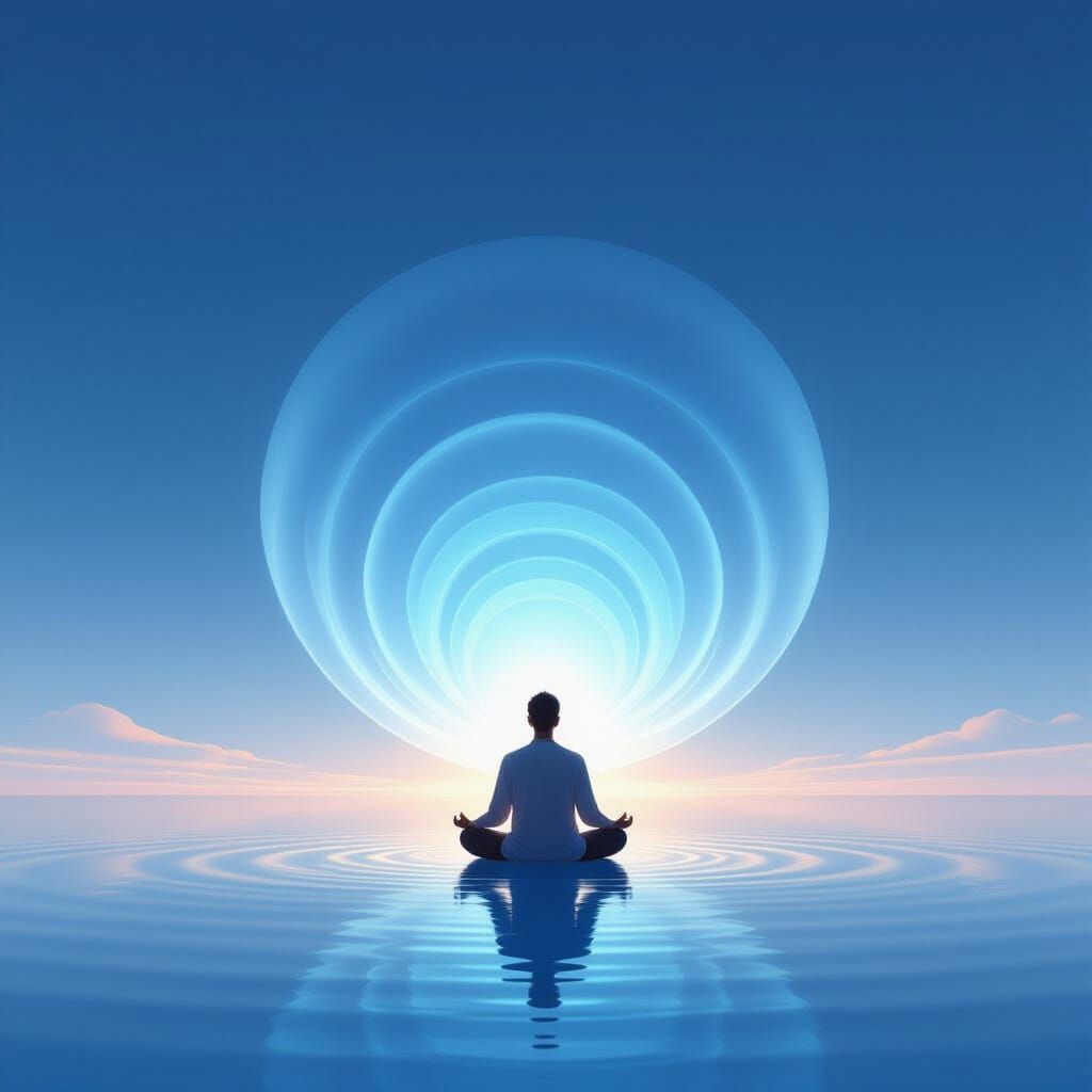 Meditating Figure in Endless Sky of Light