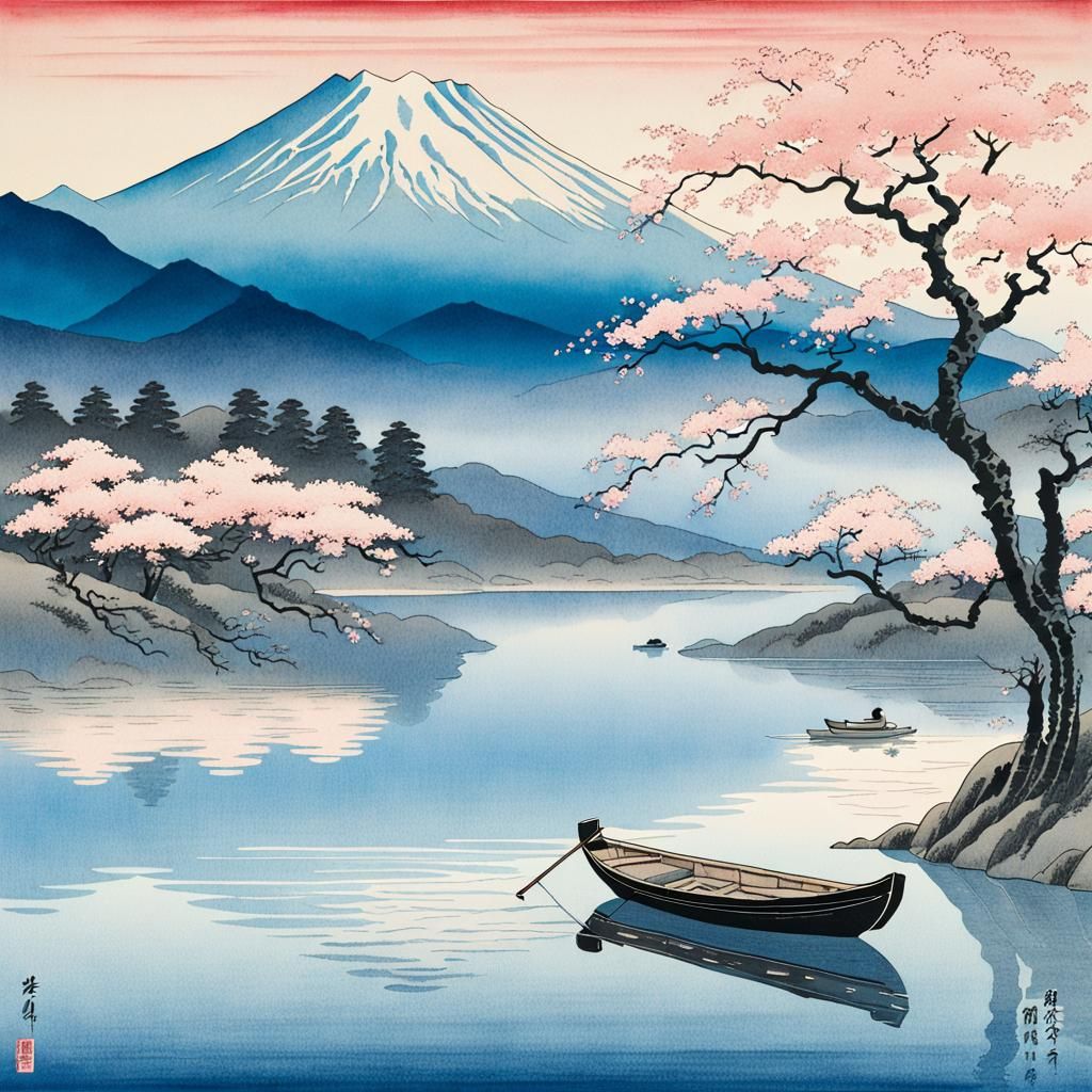 Serene Lake Scene in Ukiyo-e Woodblock Print Style