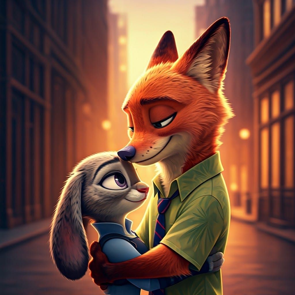 Nick Wilde and Judy Hopps in Warm, Golden Embrace