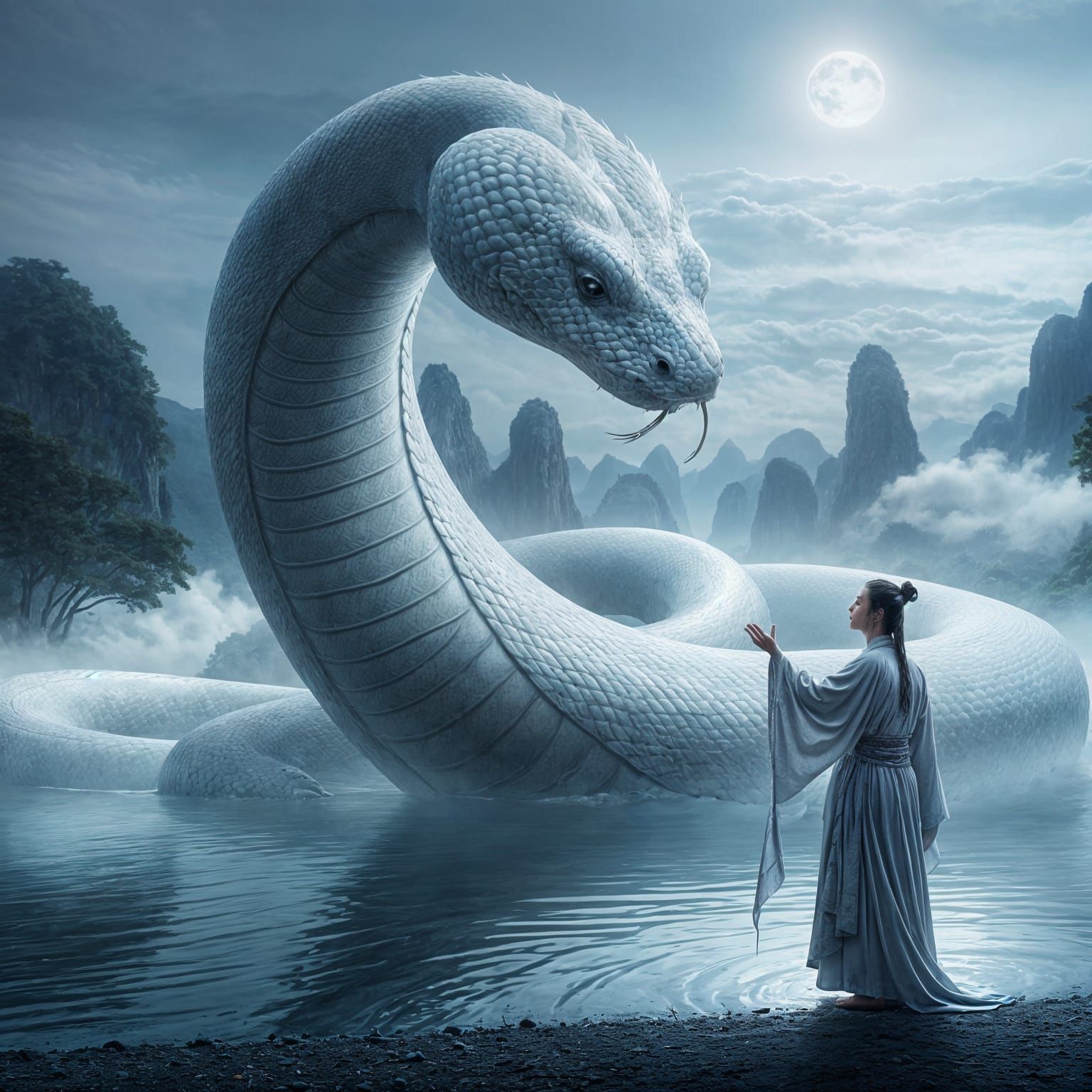 Mystical Bond: Man and White Snake by Moonlight