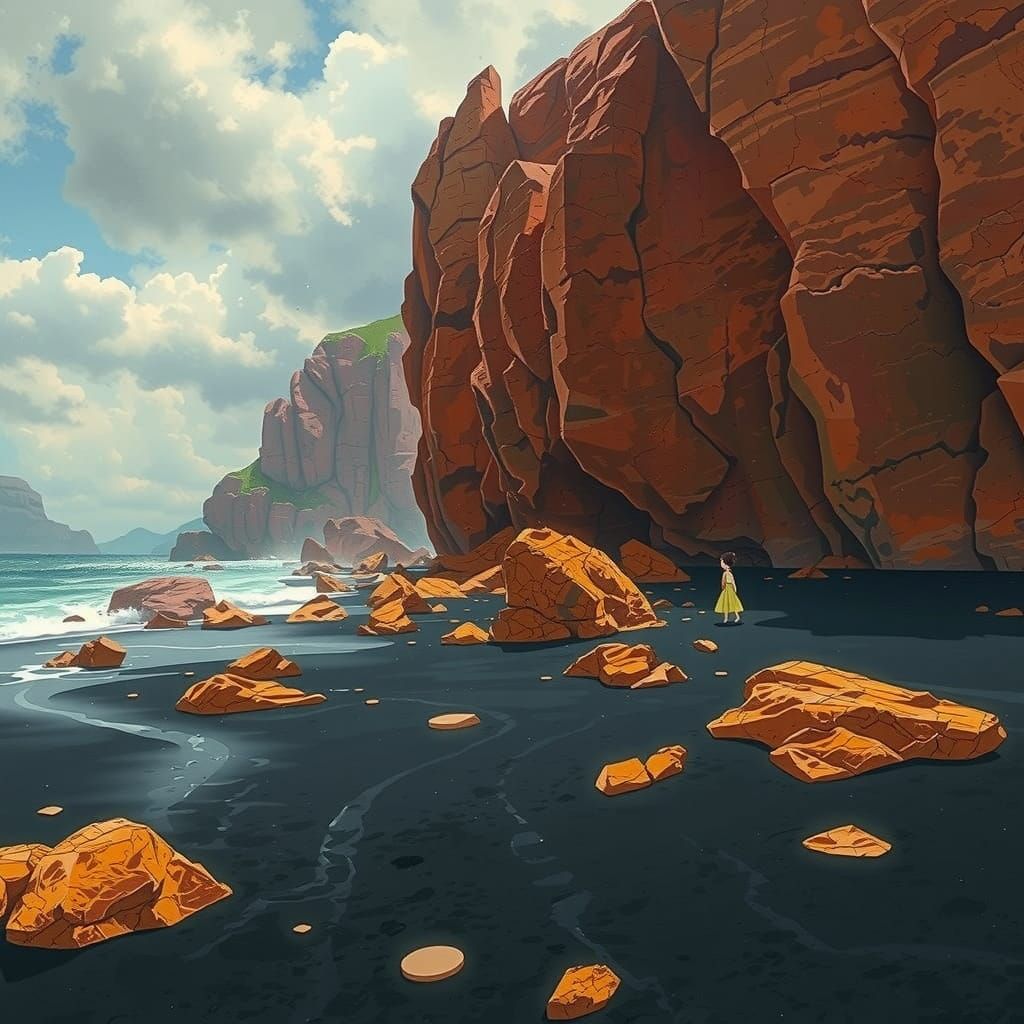 Girl on Black Sand Beach in Miyazaki-Inspired Seascape