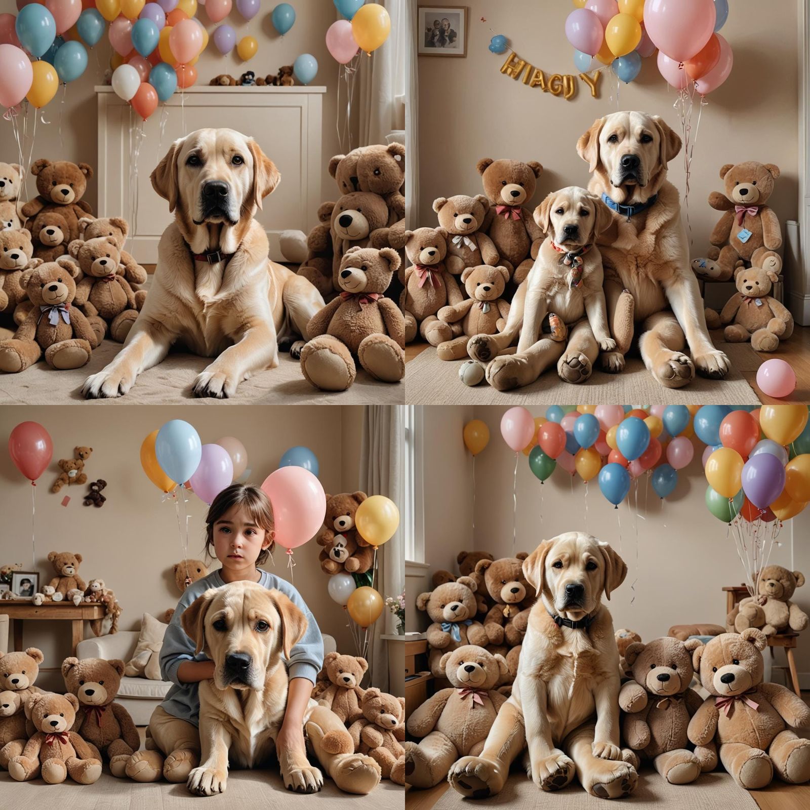 Sad Labrador with Girl, Bears, and Balloons
