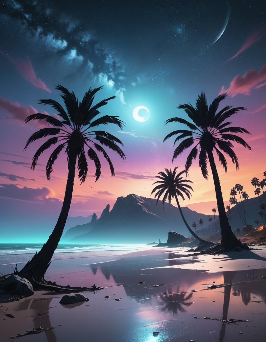 Cosmic Beach at Midnight in Digital Matte Painting Style