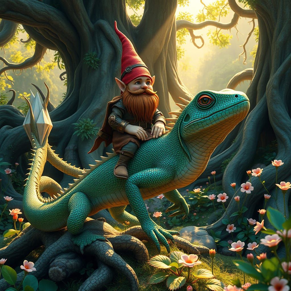 Fantasy Gnome Riding Majestic Lizard in Whimsical Fairy Gard...