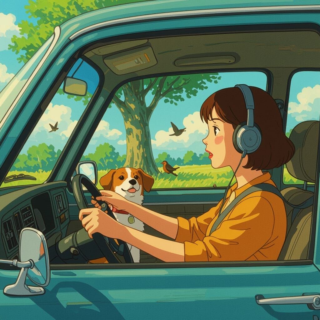 Car Ride with Dog in a Whimsical Scene