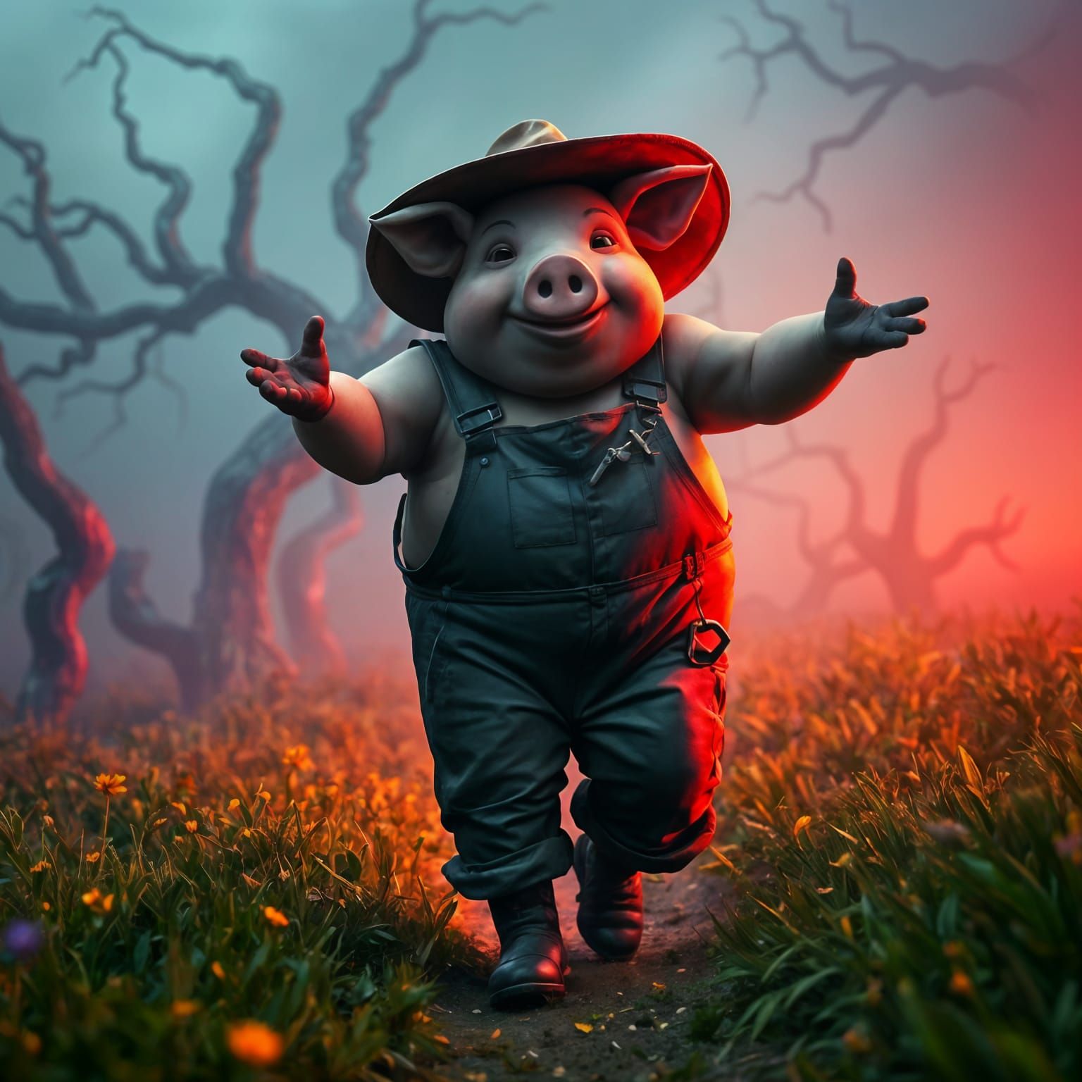 Pig-Headed Farmer Sowing Barren Field: Dark Fantasy Art