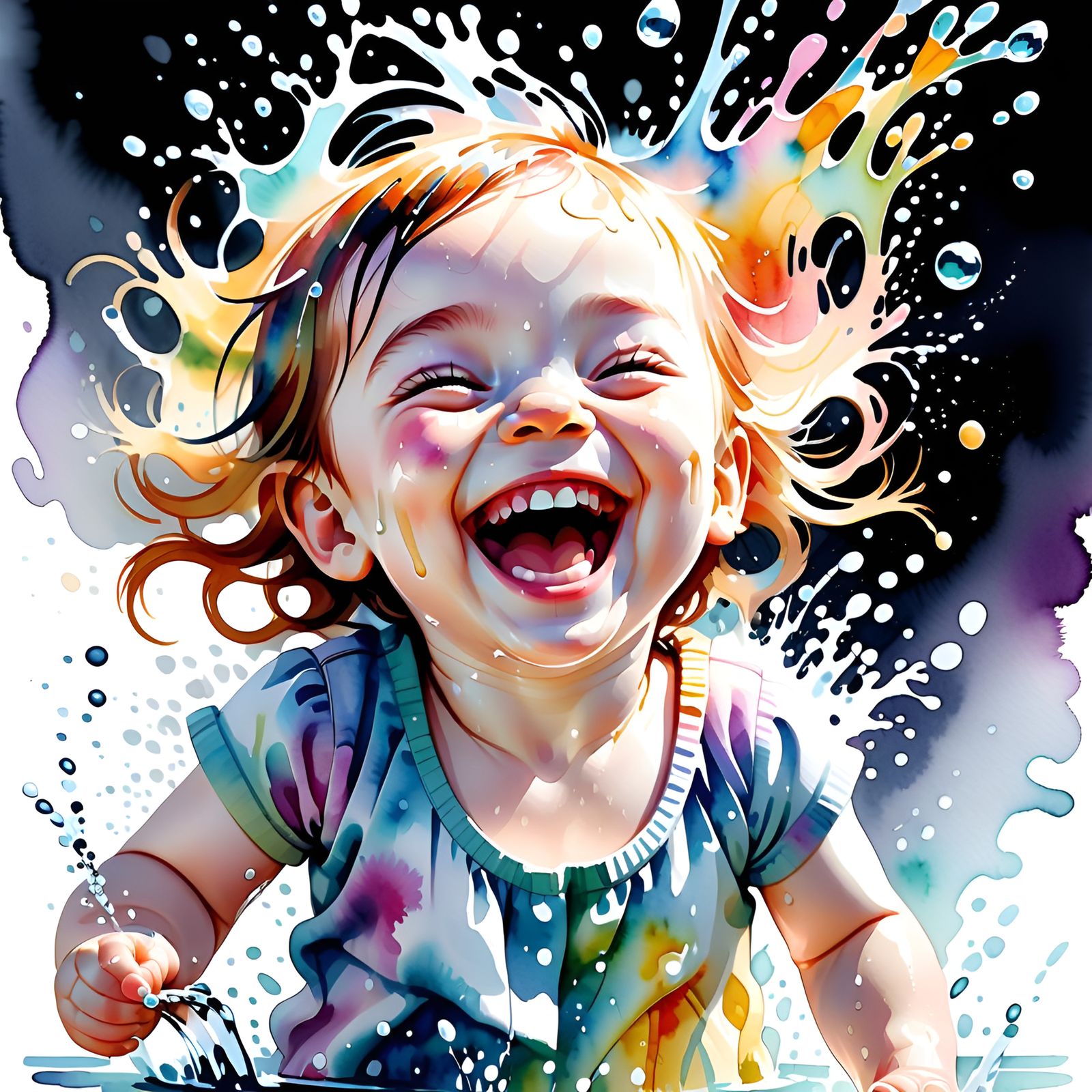 Joyful Baby Splashing: Watercolor Clip Art in Pastel Colors