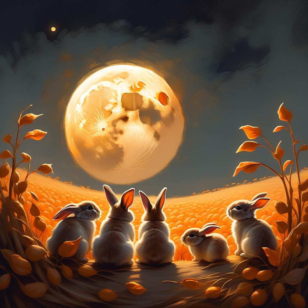 Baby Bunnies Admire Harvest Moon, Oil on Canvas