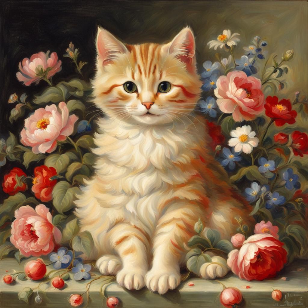 Cute Cat with Flowers, 19th-Century Style