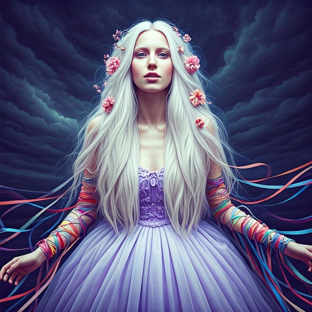 Woman with Ribbons in Storm, Splash Art Style