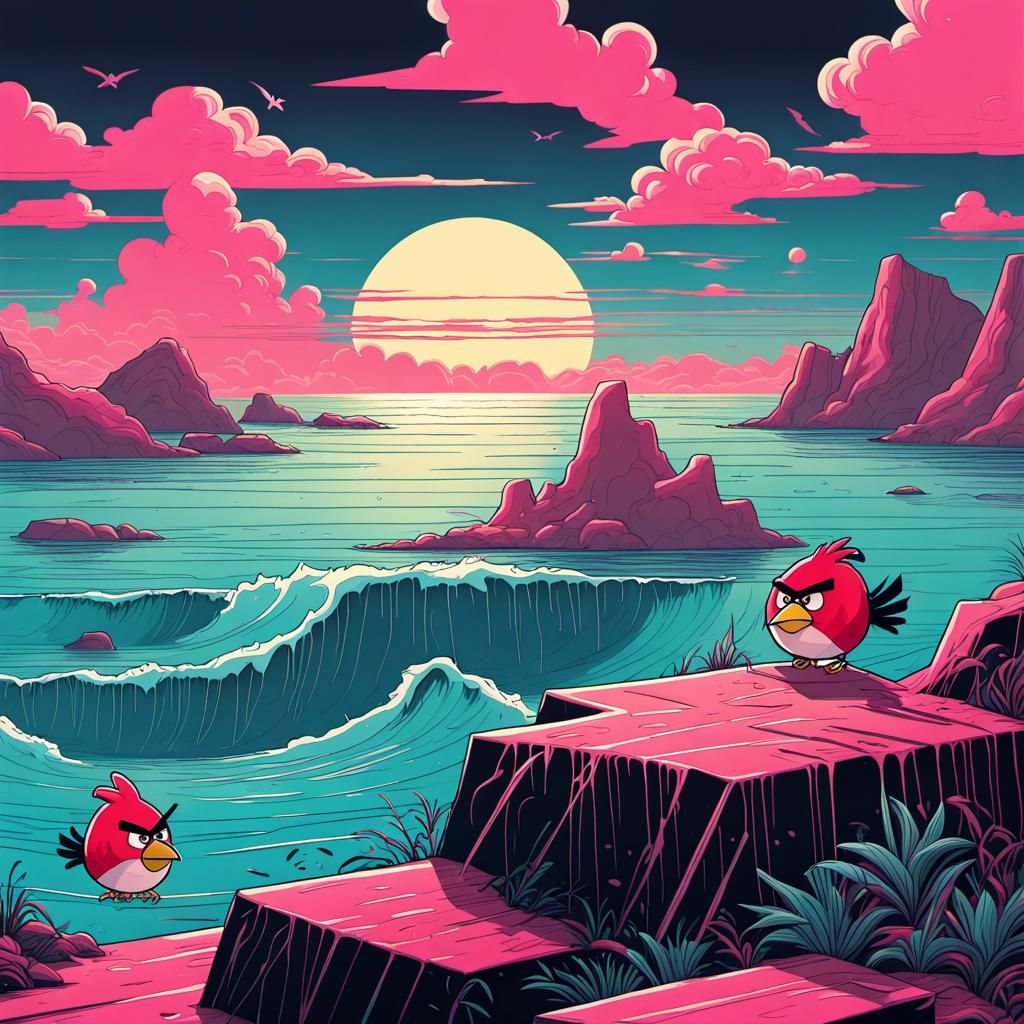 Ocean Landscape in Vaporwave Cel-Shaded Style