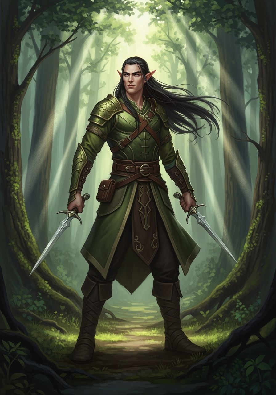 Wood Elf Druid in Sunlit Forest Holding Daggers