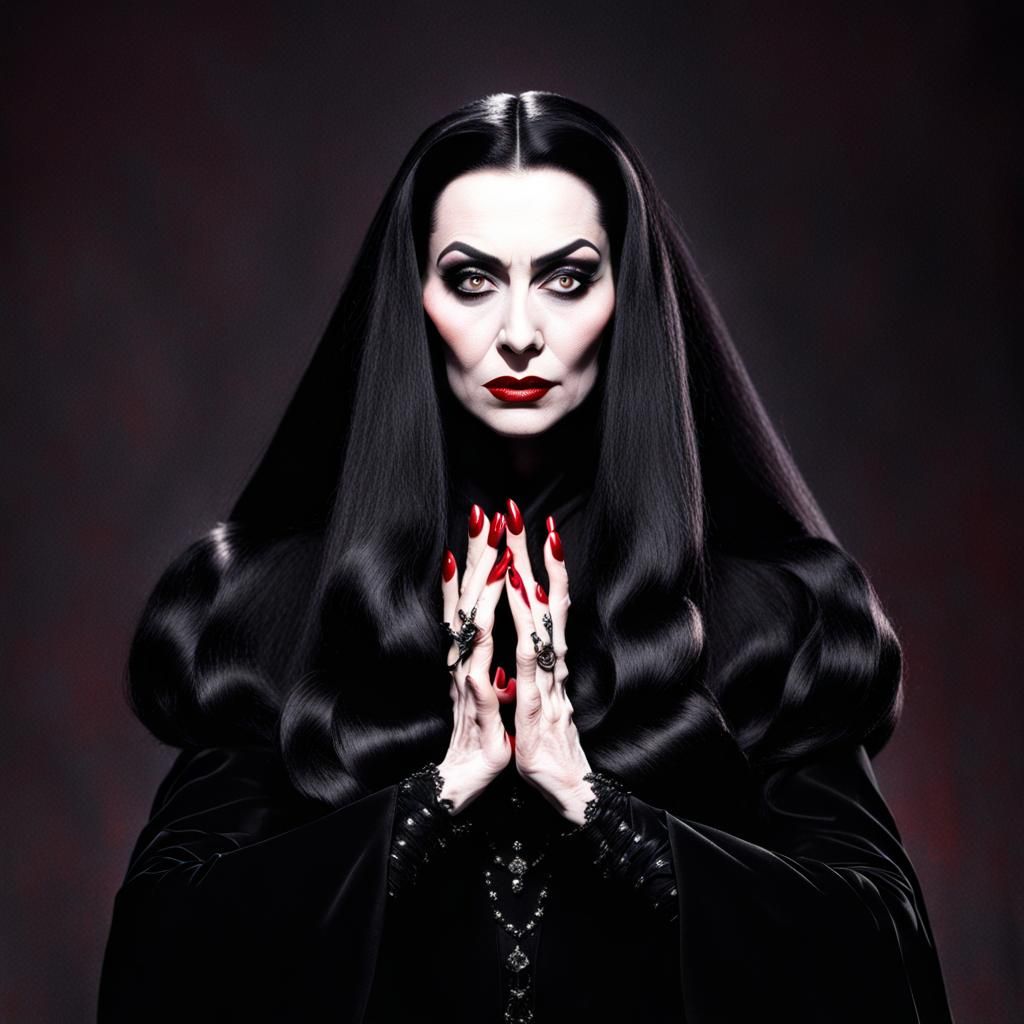 Morticia in Black with Red Nails