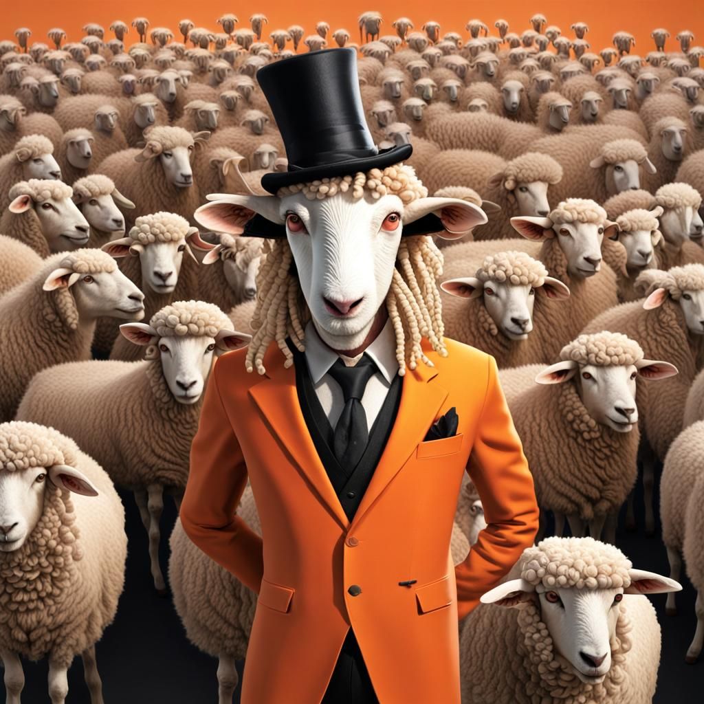 Anthropomorphic Sheep in Orange Attire Standing Before a Flo...