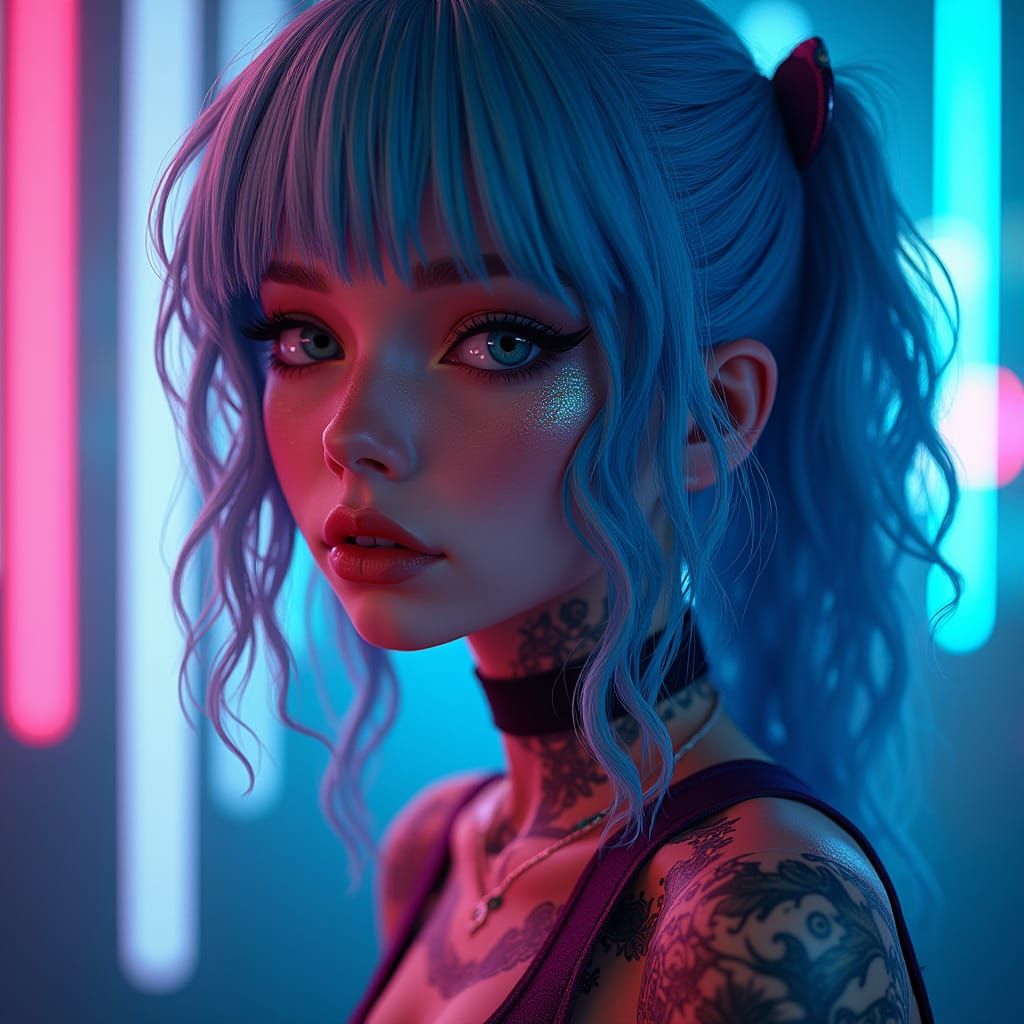 Ethereal Cyberpunk Goddess with Neon God Rays