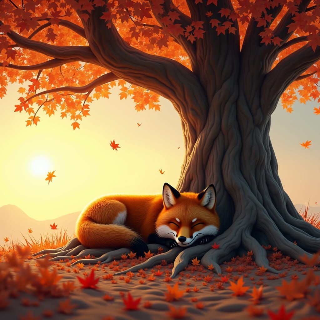 Fox Sleeping Under Autumn Tree: Matte Painting