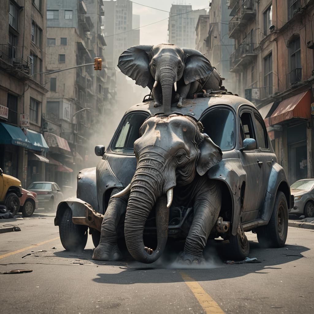 Surreal Car with Distressed Elephant Head
