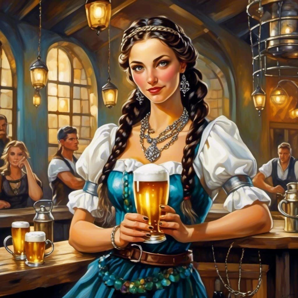 Barmaid Serving Beer in a Bustling Tavern