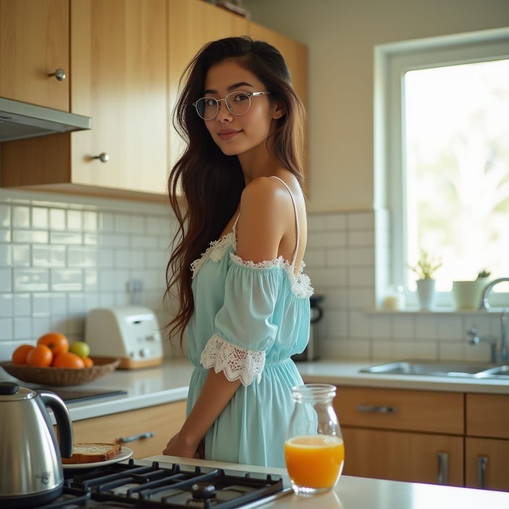 Young Woman in Modern Kitchen, Cinematic Style