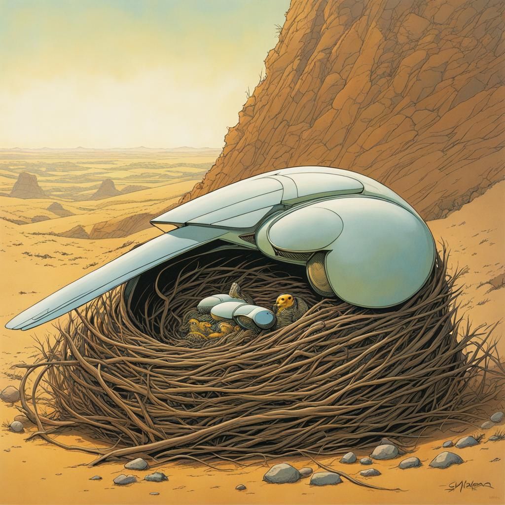 Minimalist Robot Bird Family: Sleek Sci-Fi Art