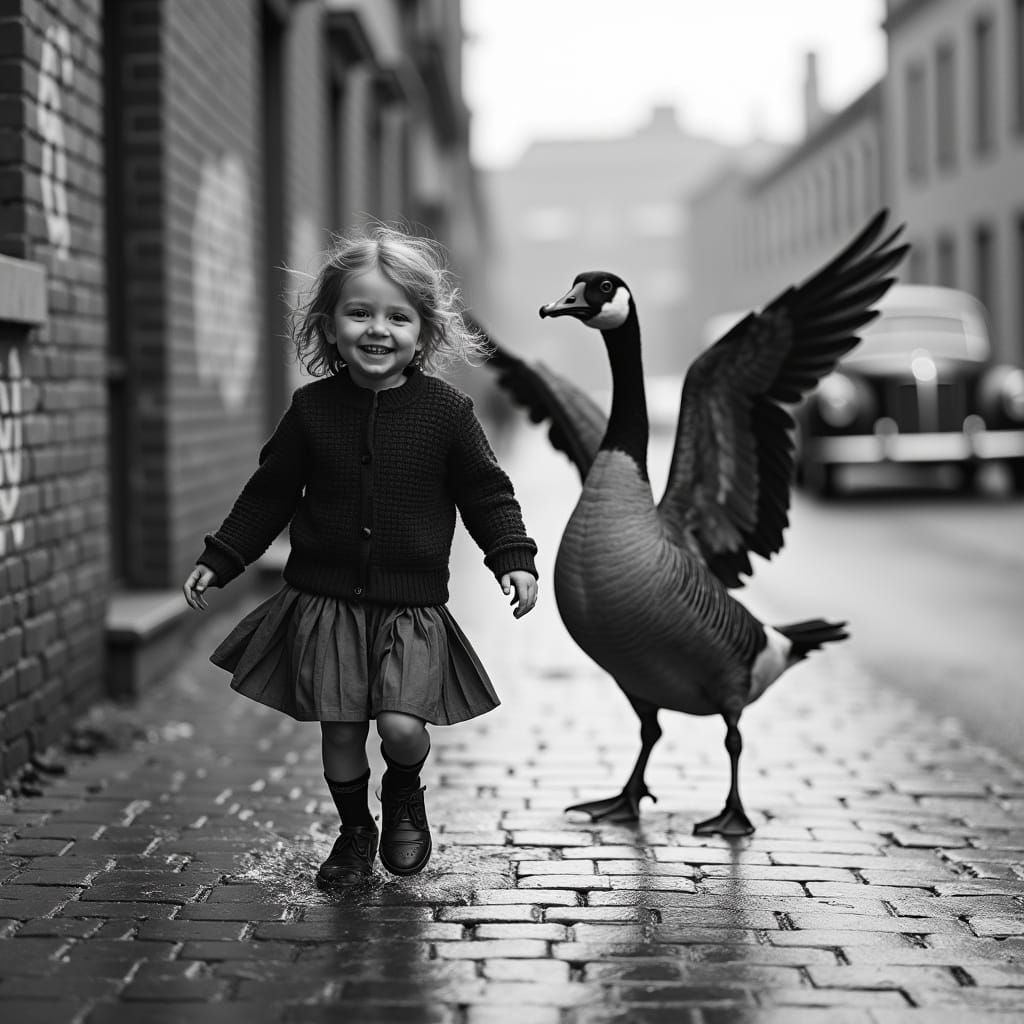 Carefree Girl and Goose Dance Down Cobblestone Street in Mon...