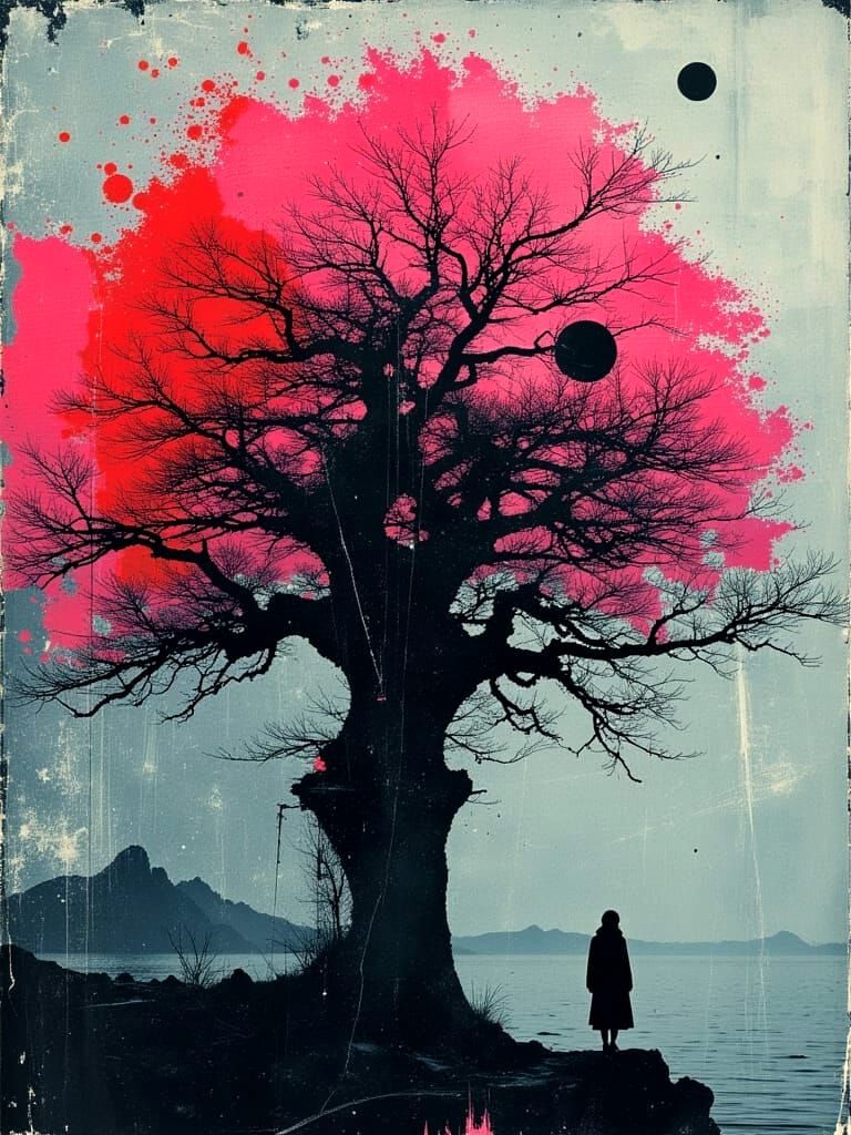 Abstract Dreamscape: Pink and Red Blossomed Tree