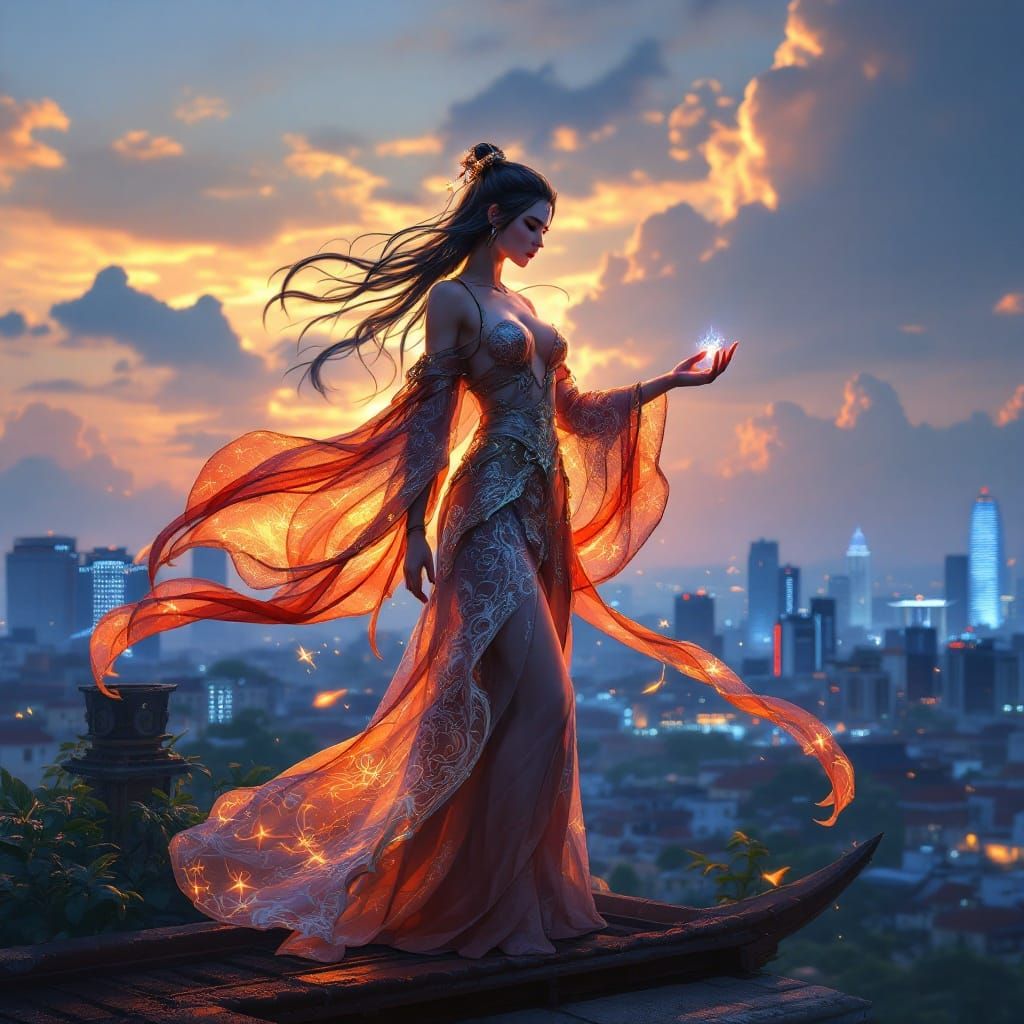 Ethereal Warrior-Healer Amidst Singaporean Skyscrapers in Su...