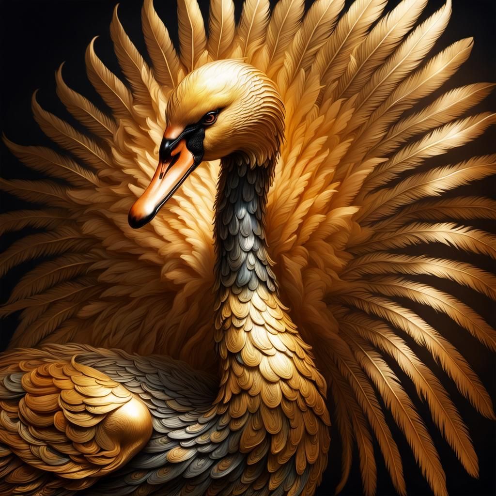 intense aetherpunk ornate electric golden Swan with long fea...