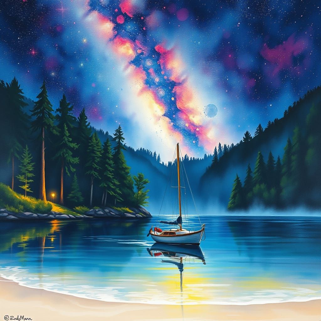 Sailboat on Lagoon Under Nebula Sky Painting