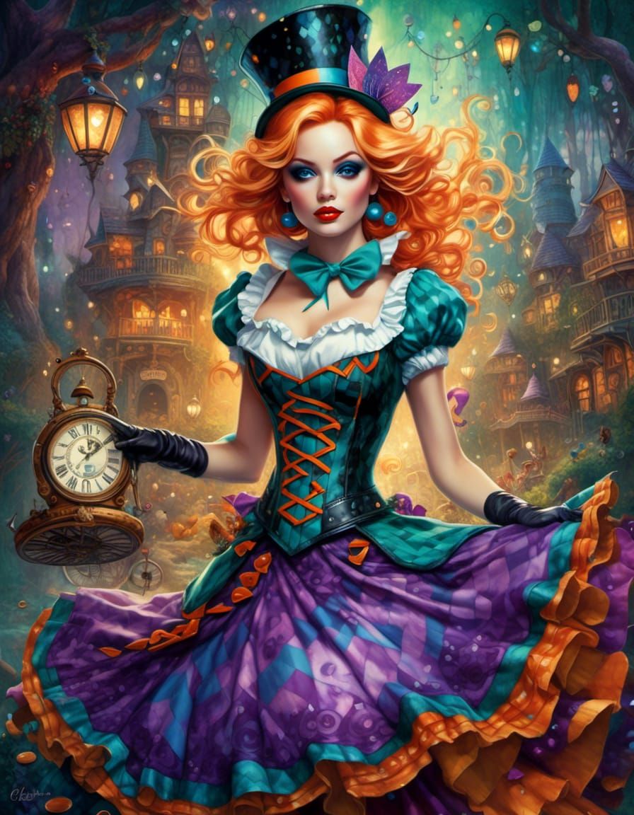 Alice in Wonderland Masquerade in Steampunk Watercolor Style