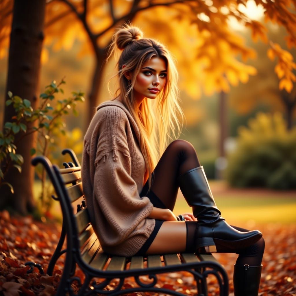 Woman on Autumn Park Bench in Golden Hour Glow