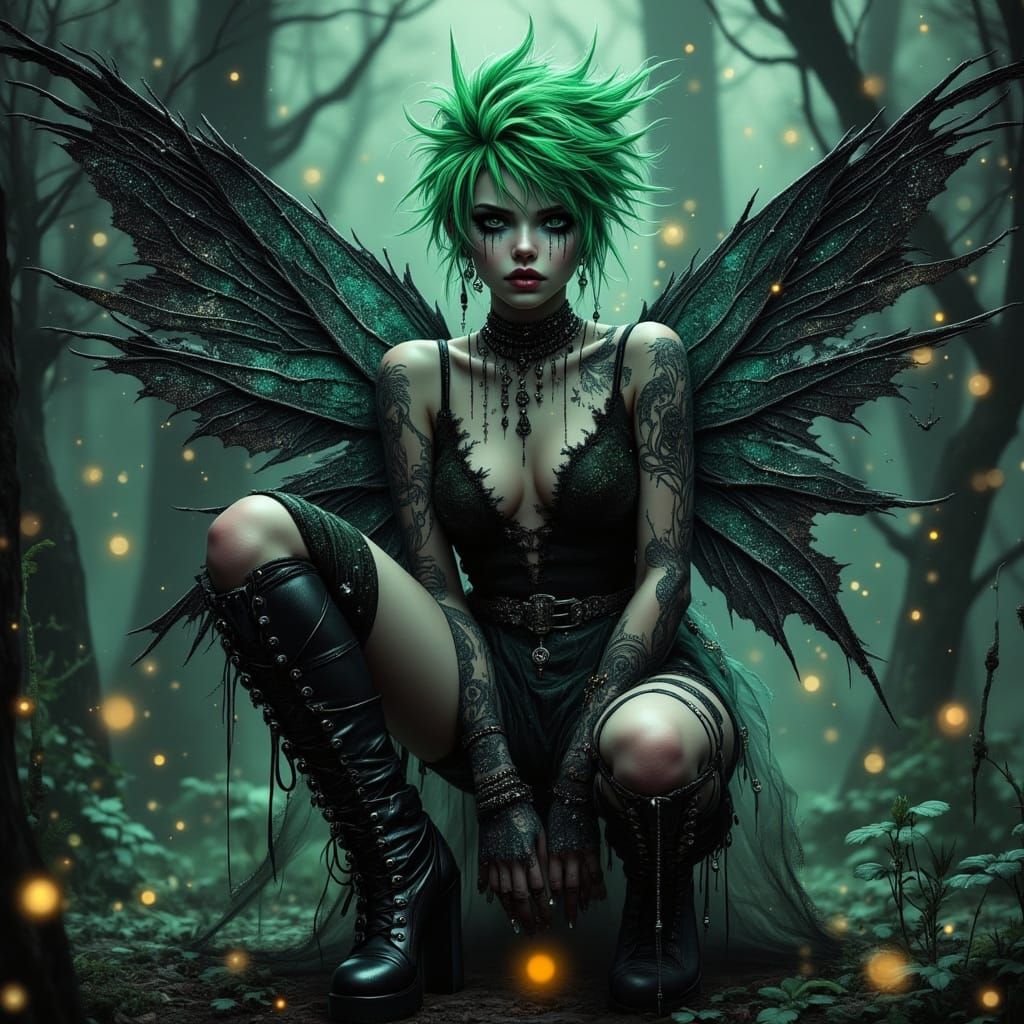 Punk Fairy with Green Mohawk and Black Wings