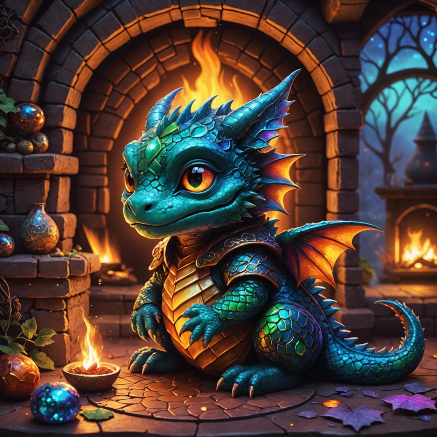 Adorable Chibi Dragon Asleep in Witch's Hut