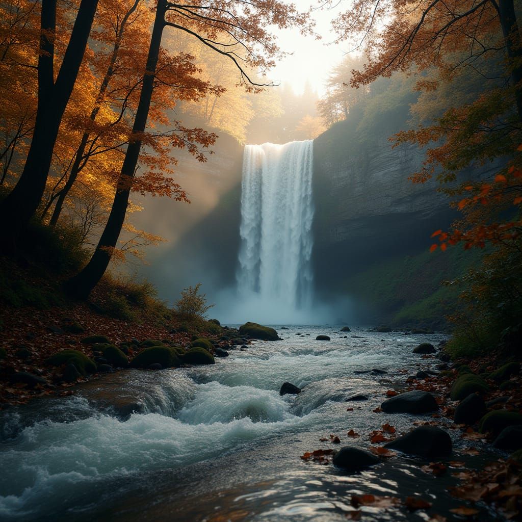 Hidden Waterfall in Autumn Mist