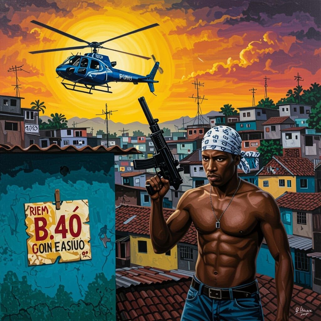 Man With Gun On Favela Rooftop In Dramatic Oil Painting