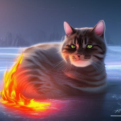 Fiery Cat on Frozen Lake: Fantasy Concept Art
