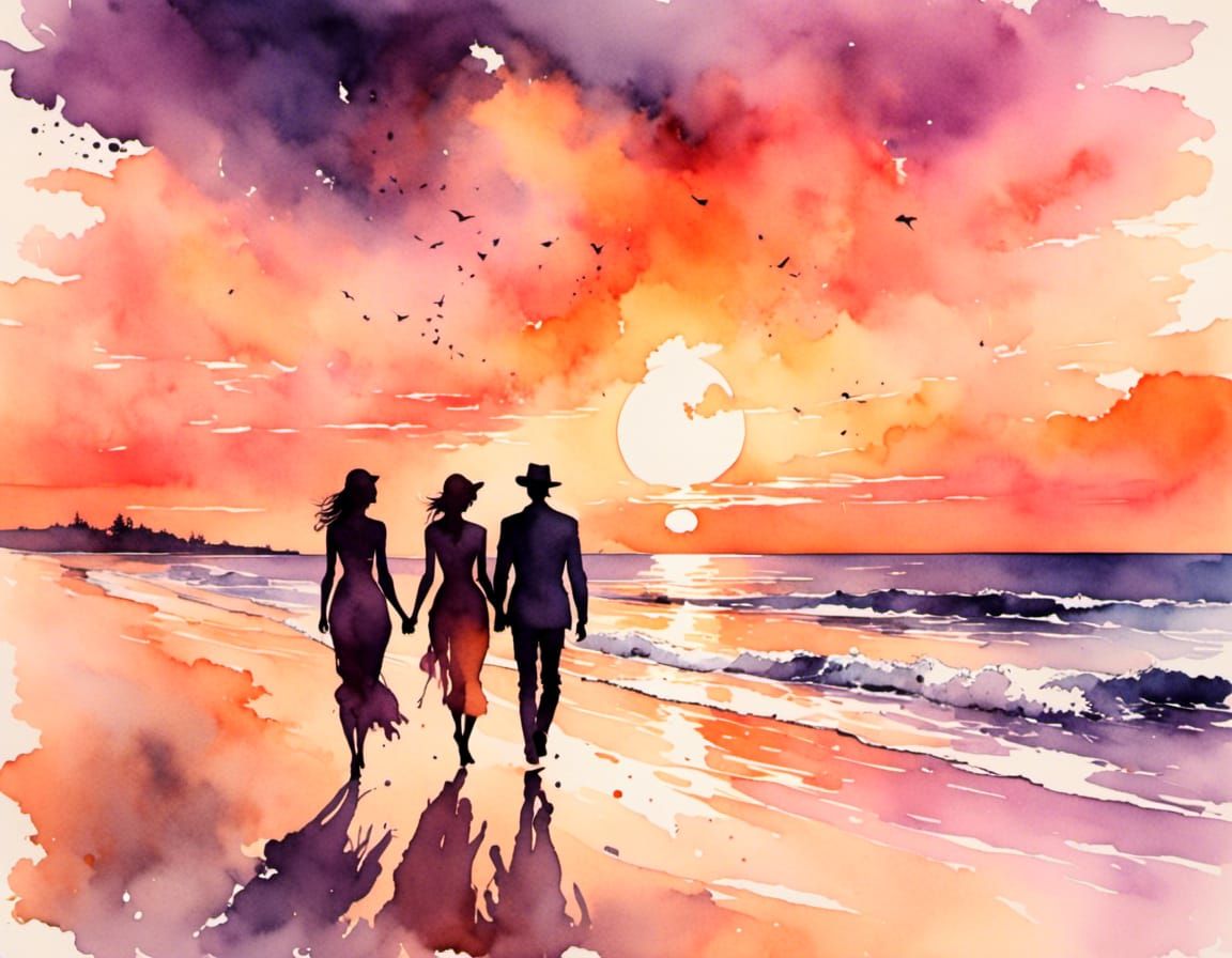 Romantic Watercolor of Couple Walking on Beach