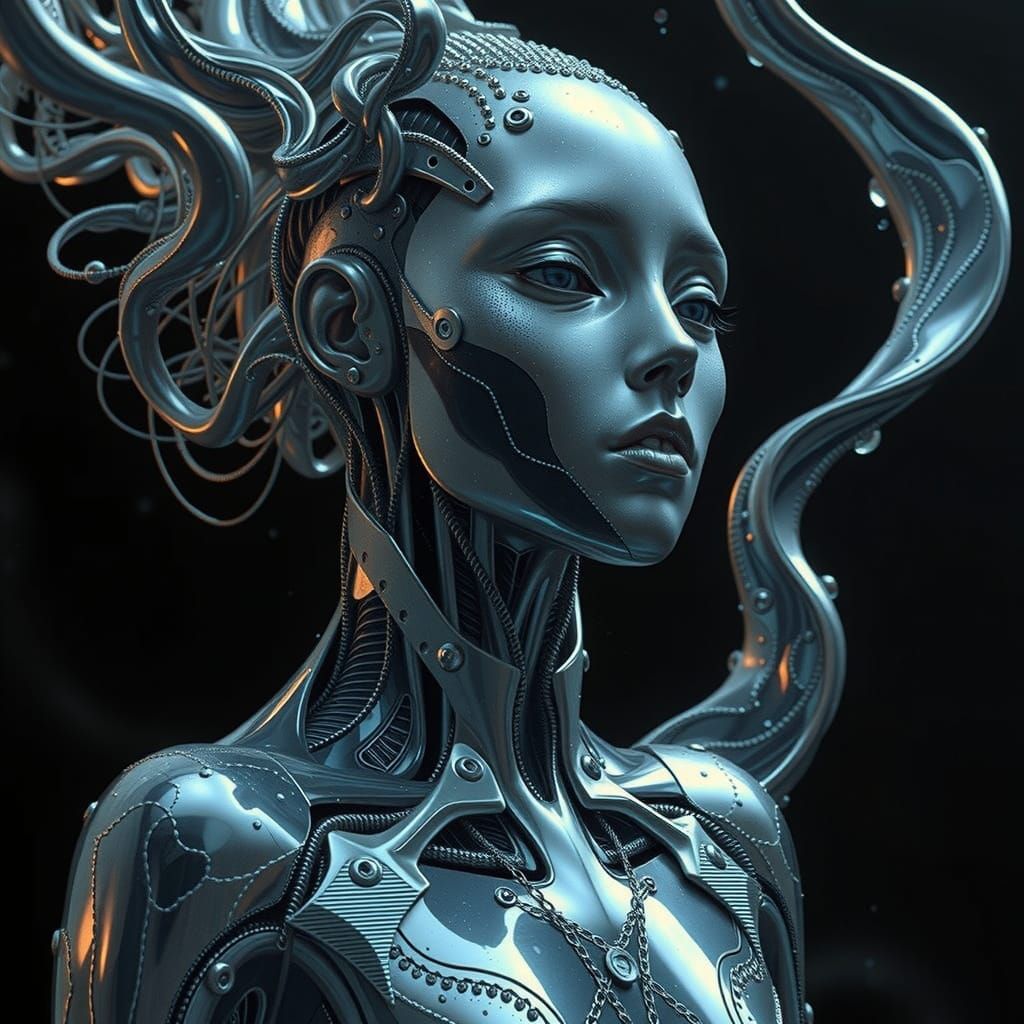 a ferrofluid android knight  trapped in a 4D tesseract suspe...