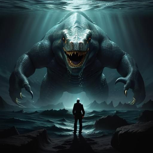 Epic Battle: Man vs. Sea Monster in the Abyss