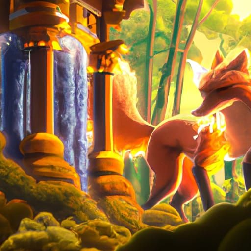 Nine-Tailed Fox at Shrine in Anime Style