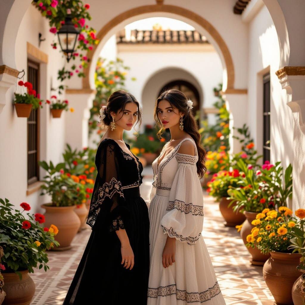 Andalusian Women in Golden Sunset, Costumbrista Style