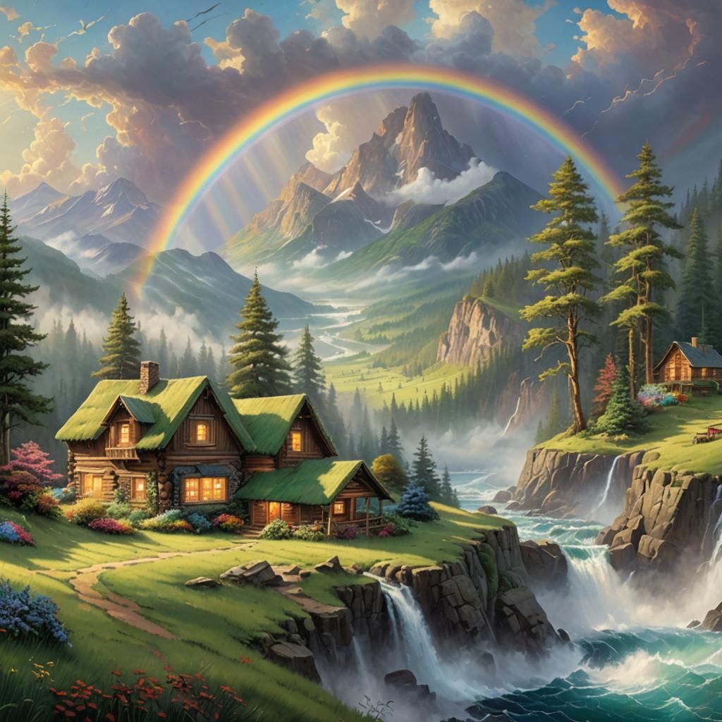 Cliffside Cabin Retreat Under a Rainbow, Ethereal Fantasy St...