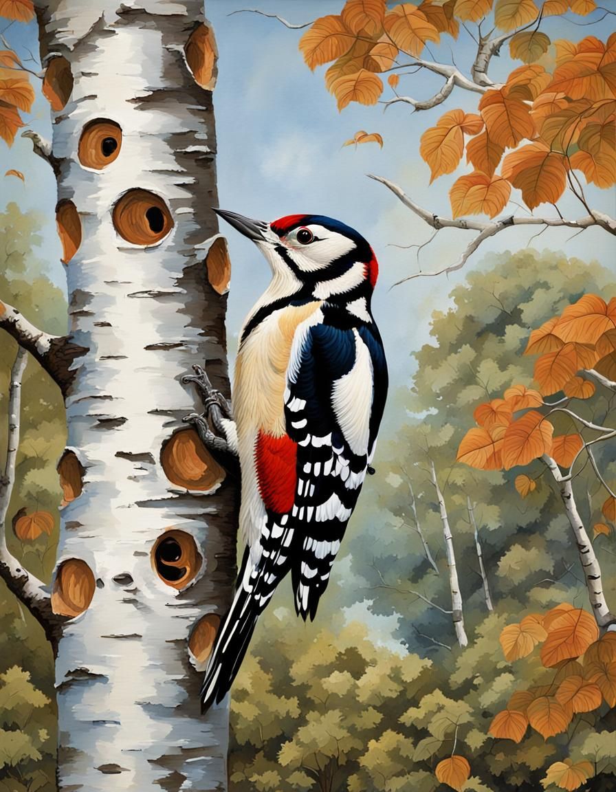 Greater Spotted Woodpecker Illustration in Audubon Style