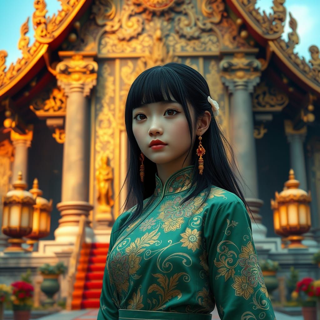 Serenely Adorned Thai Princess in Lush Temple Setting